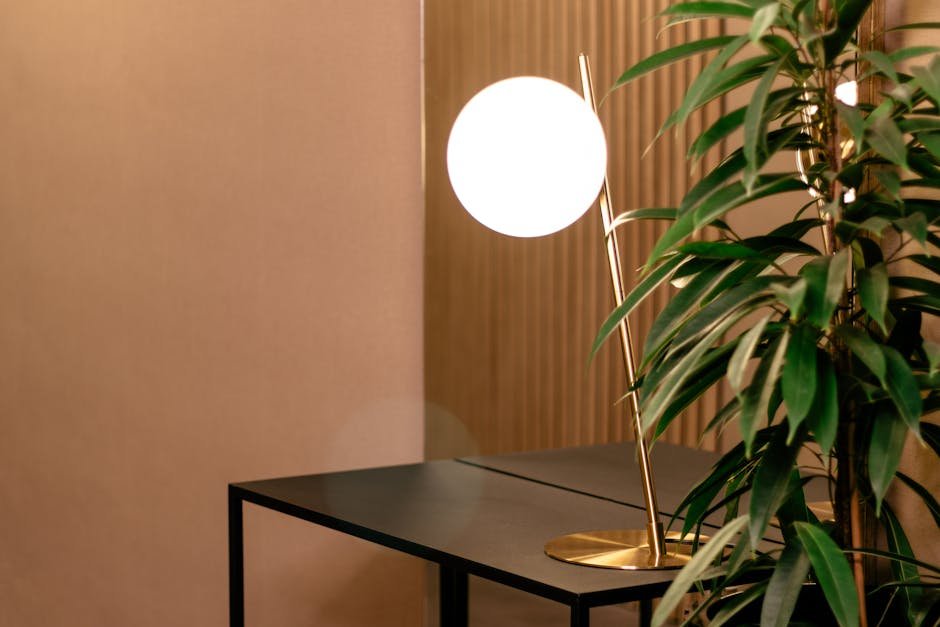 Sophisticated interior featuring a modern lamp and lush green plant for a contemporary aesthetic.